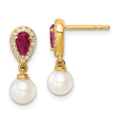 14K Polished Diamond Pearl and Ruby Dangle Post Earrings