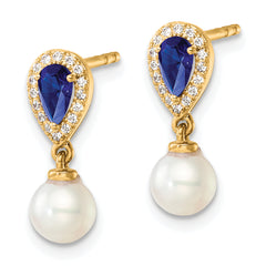 14K Polished Diamond Pearl and Sapphire Dangle Post Earrings