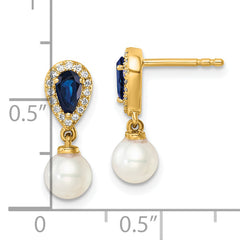 14K Polished Diamond Pearl and Sapphire Dangle Post Earrings