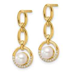 14K Polished 1/10 carat Diamond and White Freshwater Cultured Pearl Open Circle Dangle Post Earrings