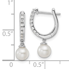 14k White Gold 1/10 carat Lab Grown Diamond VS/SI+ G+ and 5.50 mm Round Freshwater Cultured Pearl Complete Hinged Hoop Earrings