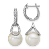 14K White Gold Polished Diamond and Pearl Dangle Hoop Earrings