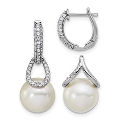 14K White Gold Polished Diamond and Pearl Dangle Hoop Earrings