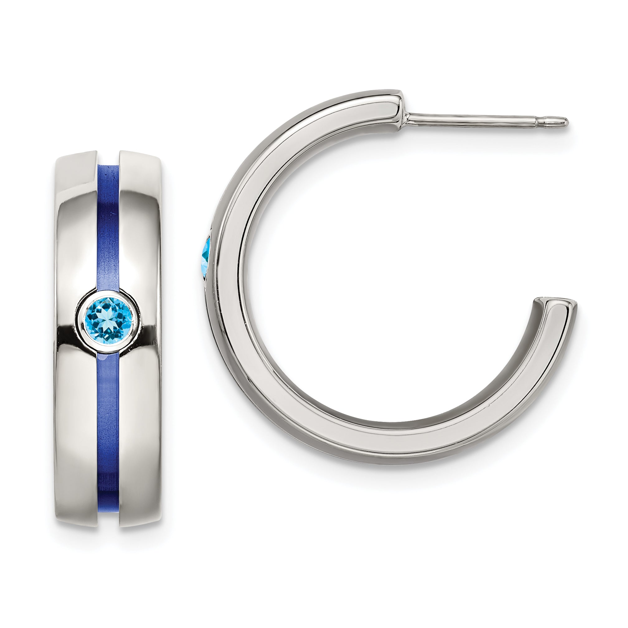 Edward Mirell Grey Ti Brushed Blue Anodized and Blue Topaz J Hoop Post Earrings