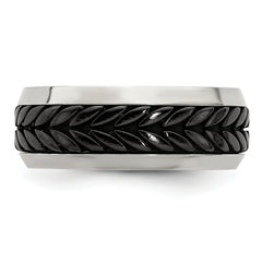 Edward Mirell Stainless Steel and Black Ti Rope Design Beveled Casted 9mm Band