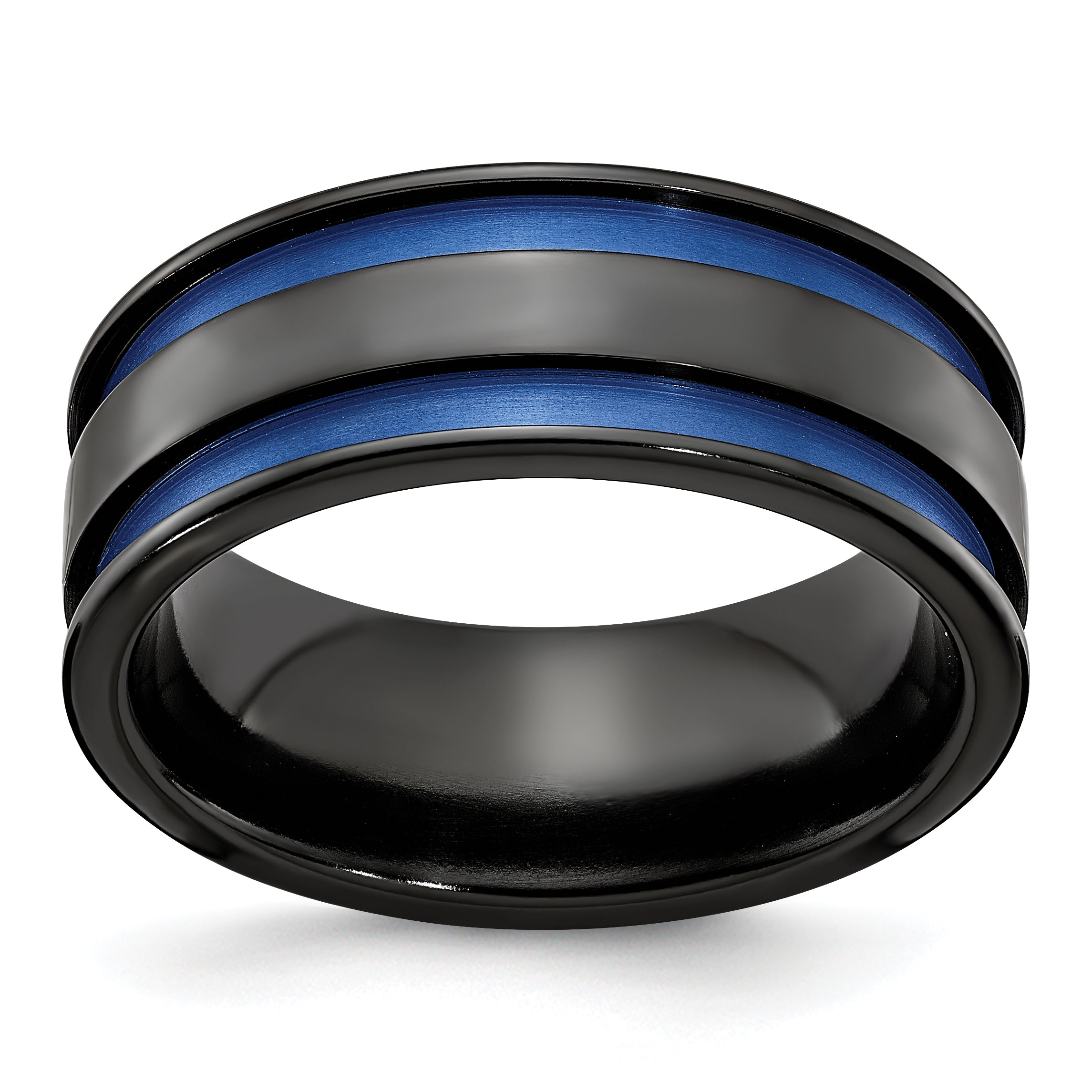 Edward Mirell Black Ti with Blue Anodized Grooves Flat 8.5mm Band