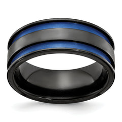 Edward Mirell Black Ti with Blue Anodized Grooves Flat 8.5mm Band