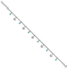 Sterling Silver Rhodium-plated Turquoise and Shell Charms 9 inch Plus 1 inch Extender - Total 10 inch Anklet