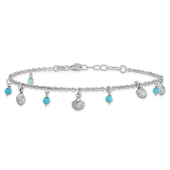 Sterling Silver Rhodium-plated Turquoise and Shell Charms 9 inch Plus 1 inch Extender - Total 10 inch Anklet