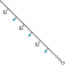 Sterling Silver Rhodium-plated Turquoise and Shell Charms 9 inch Plus 1 inch Extender - Total 10 inch Anklet