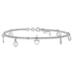 Sterling Silver Rhodium-plated Heart Charms 9 inch Plus 1 inch Extender - Total 10 inch Anklet