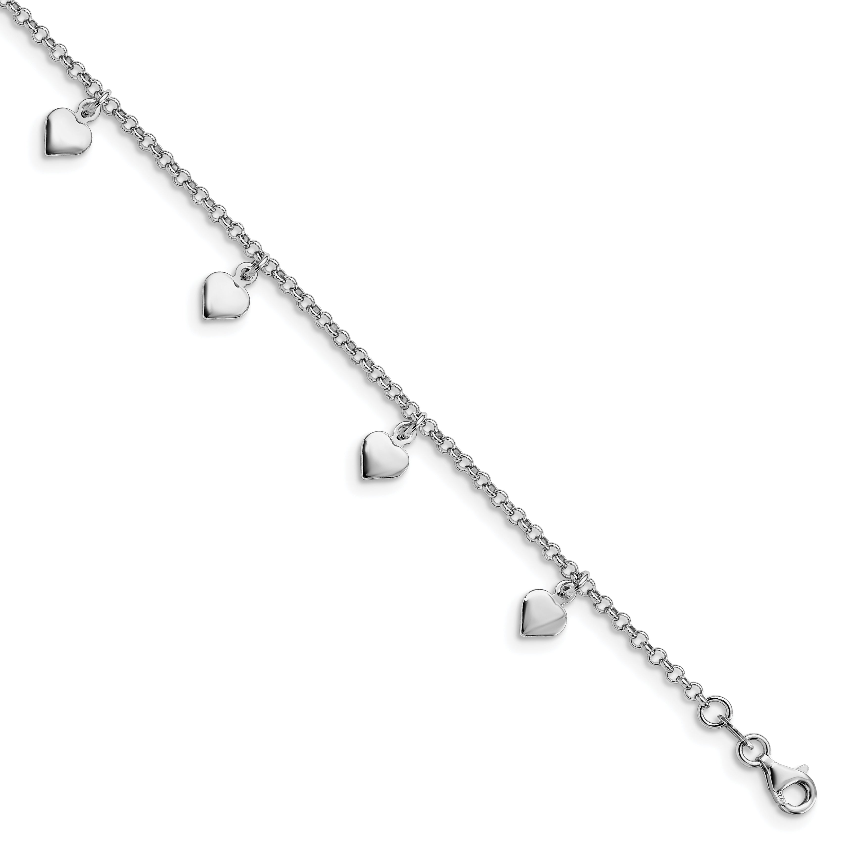 Sterling Silver Rhodium-plated Heart Charms 9 inch Plus 1 inch Extender - Total 10 inch Anklet