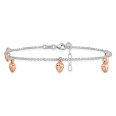 Sterling Silver Rose-tone 18K Flash-plated Hearts 9 inch Plus 1 inch Extender - Total 10 inch Anklet