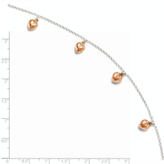 Sterling Silver Rose-tone 18K Flash-plated Hearts 9 inch Plus 1 inch Extender - Total 10 inch Anklet