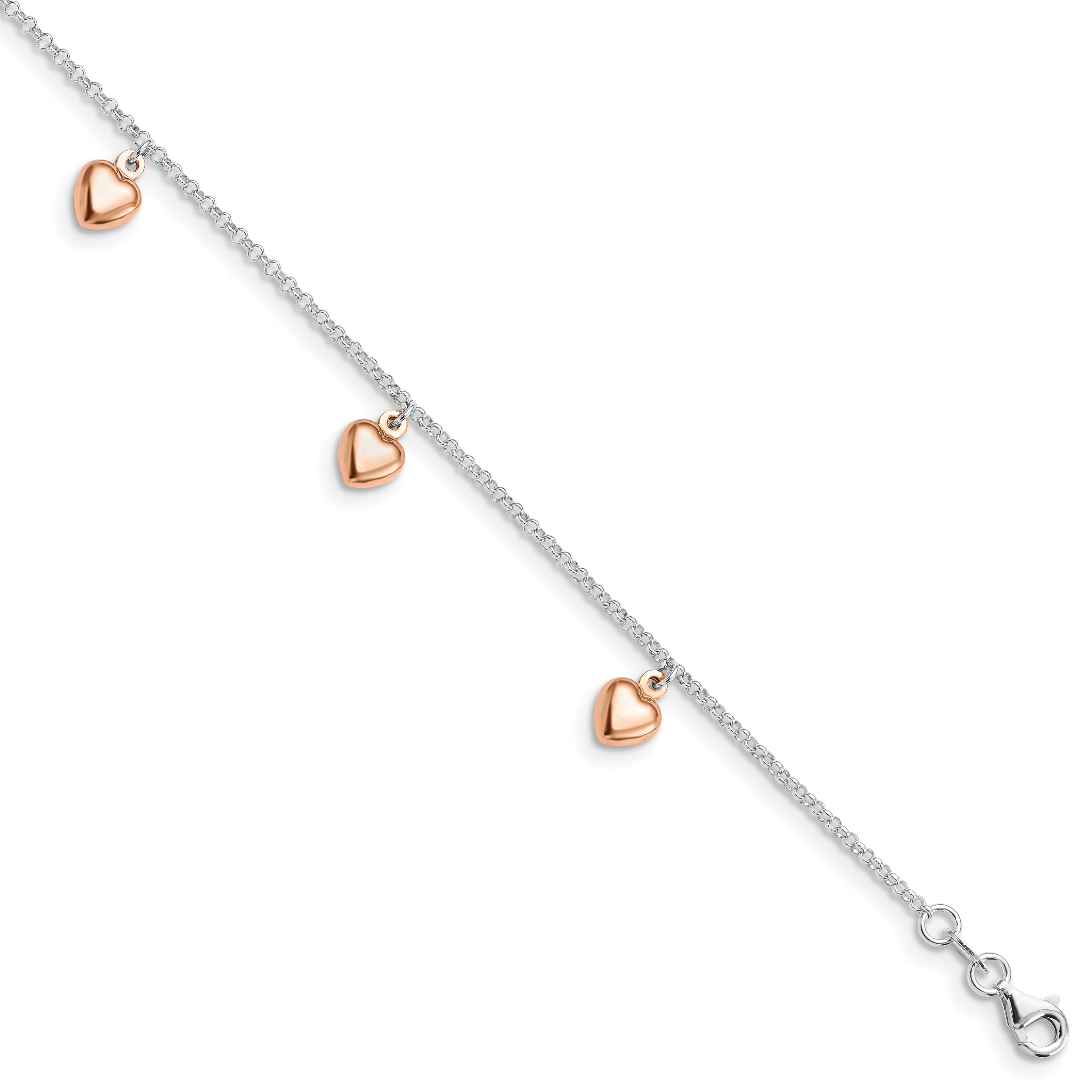 Sterling Silver Rose-tone 18K Flash-plated Hearts 9 inch Plus 1 inch Extender - Total 10 inch Anklet