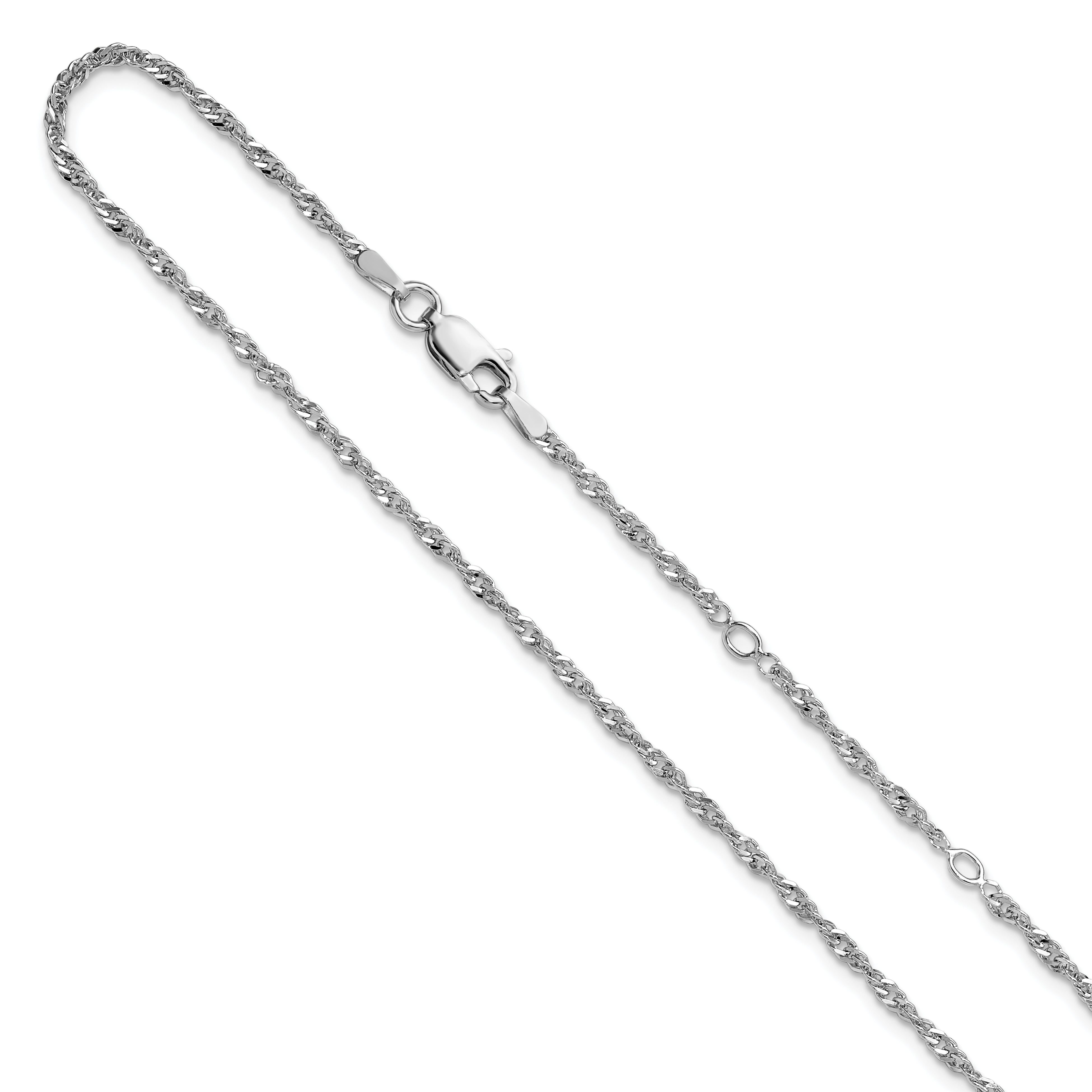 Sterling Silver Rh-plated 2mm Singapore 1in+1in Adjustable Chain