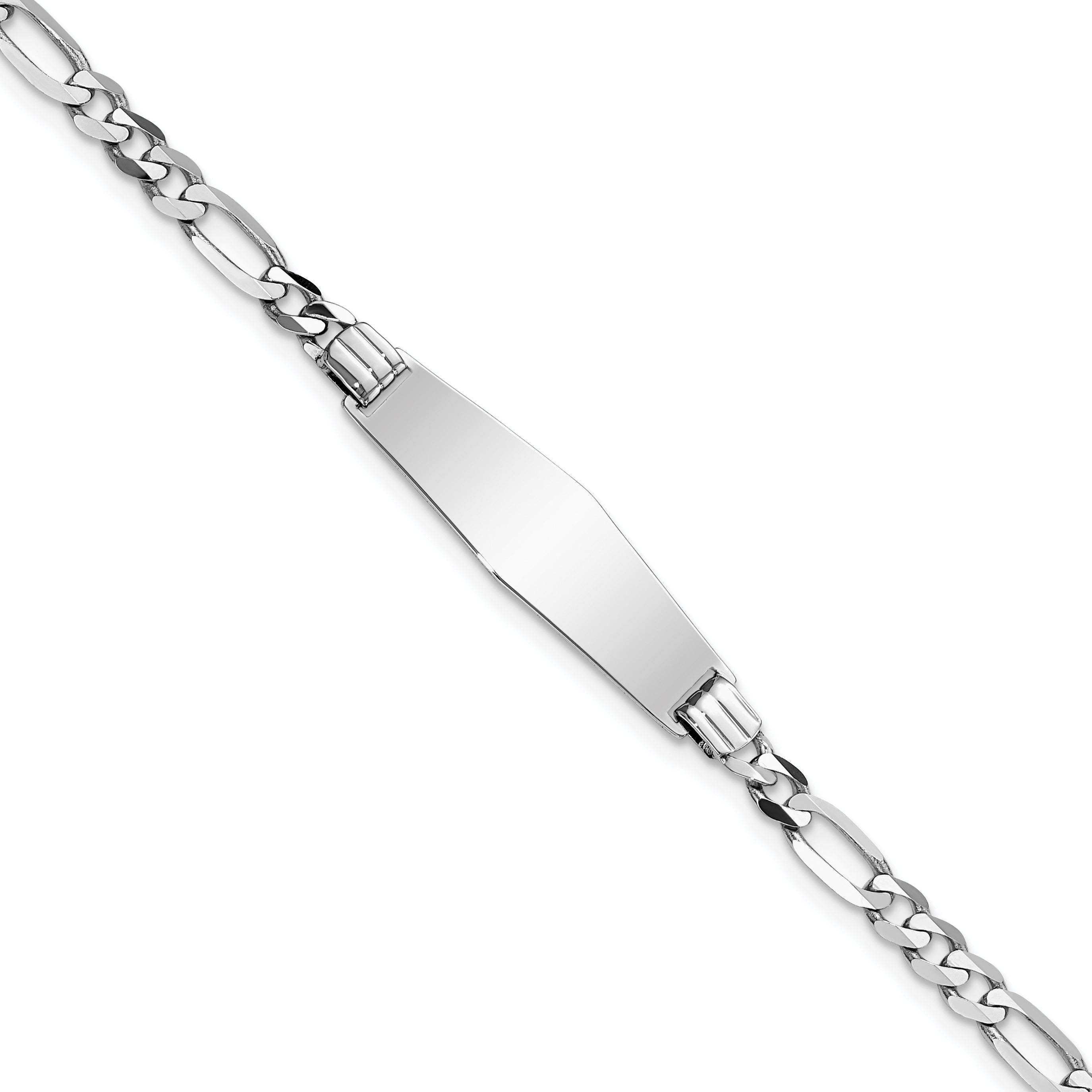 14k White Gold Polished Solid Chain/Solid Plate Figaro Link Soft Diamond Shape 24.5x7.5mm Plate 8 inch ID Bracelet