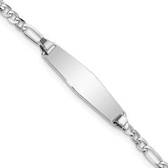 14k White Gold Polished Solid Chain/Solid Plate Figaro Link Soft Diamond Shape 19.5x5.5mm Plate 7 inch ID Bracelet