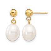14K Gold Filled 7-8mm White Rice Cultured Freshwater Pearl Post Dangle Earrings by Sophia Jewelers