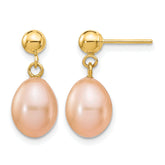 14K Gold Filled 7-8mm Pink Rice Cultured Freshwater Pearl Post Dangle Earrings by Sophia Jewelers