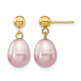 14K Gold Filled 7-8mm Purple Rice Cultured Freshwater Pearl Post Dangle Earrings by Sophia Jewelers