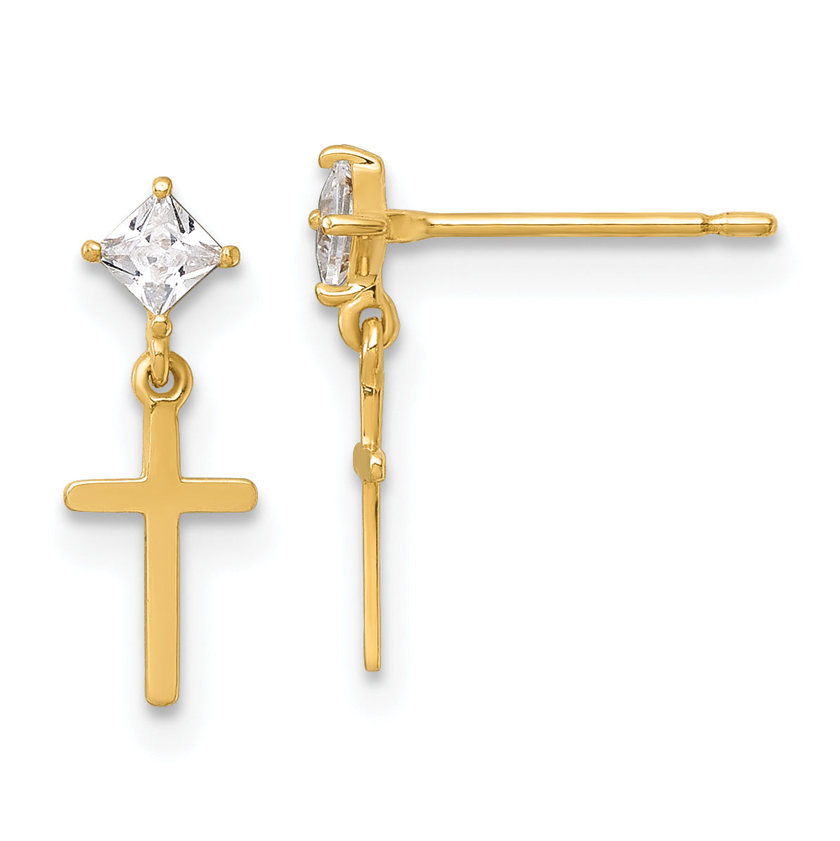 14k Madi K Polished CZ Cross Childrens Dangle Post Earrings