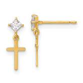 14k Madi K Polished CZ Cross Childrens Dangle Post Earrings