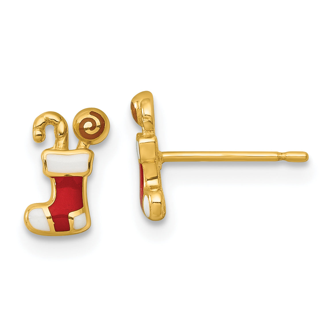 14k Madi K Polished Enameled Christmas Stocking with Candy Childrens Post Earrings