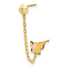 14k Madi K CZ Double Post w/Chain Butterfly & Flower Single Earring
