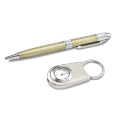 Silver-tone Watch Key Ring and Gold-tone Pen Set in Wooden Gift Box