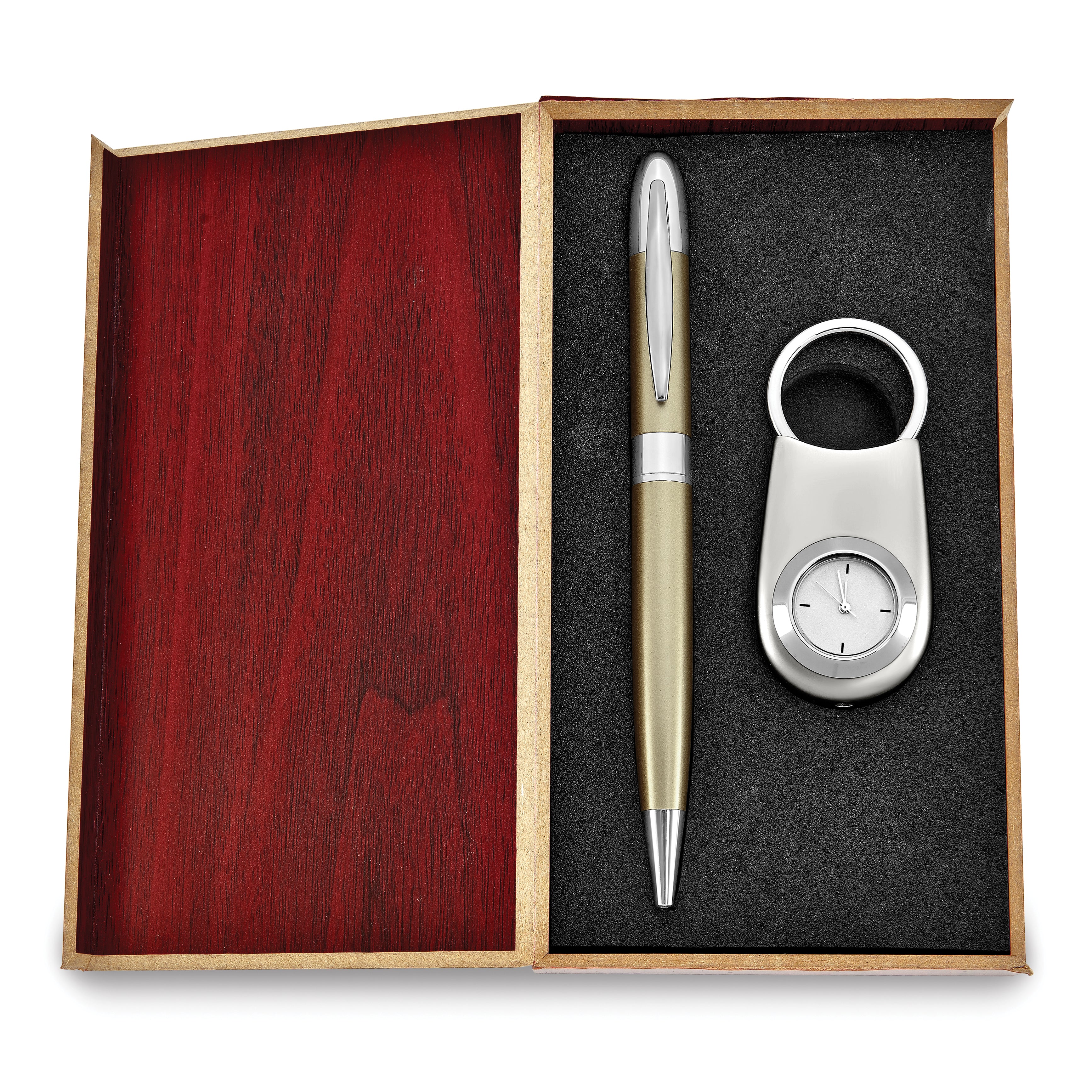 Silver-tone Watch Key Ring and Gold-tone Pen Set in Wooden Gift Box
