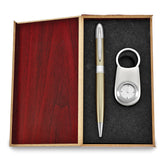 Silver-tone Watch Key Ring and Gold-tone Pen Set in Wooden Gift Box