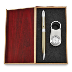 Silver-tone Watch Key Ring and Gold-tone Pen Set in Wooden Gift Box