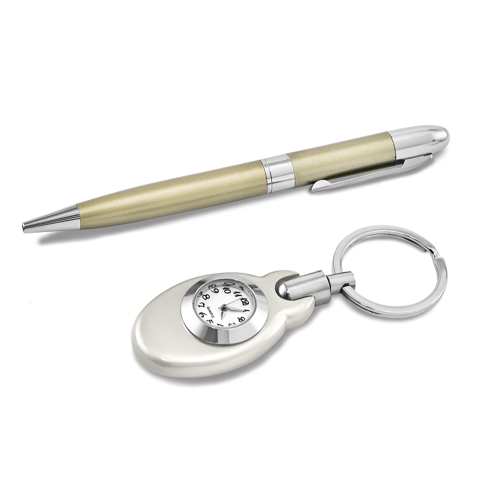 Silver-tone Watch Key Ring and Gold-tone Pen Set in Wooden Gift Box