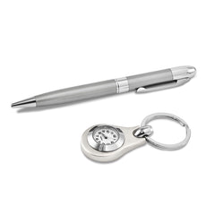 Silver-tone Watch Key Ring and Pen Set in Wooden Gift Box