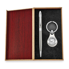 Silver-tone Watch Key Ring and Pen Set in Wooden Gift Box