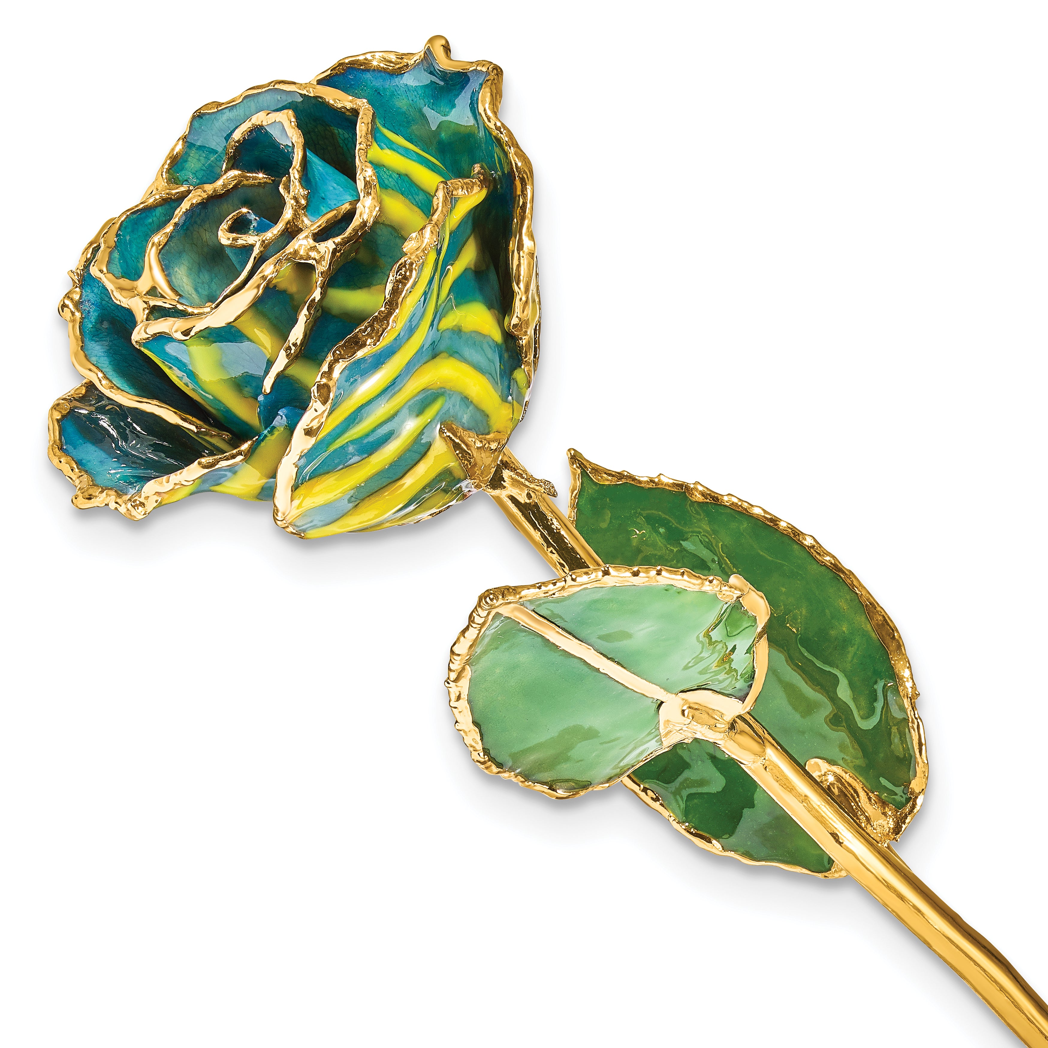 Lacquer Dipped Gold Trimmed Yellow and Blue Zebra Real Rose
