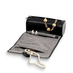 Black Split Grain Leather Magnetic Snap Jewelry Roll with Watch/Bracelet Pillow