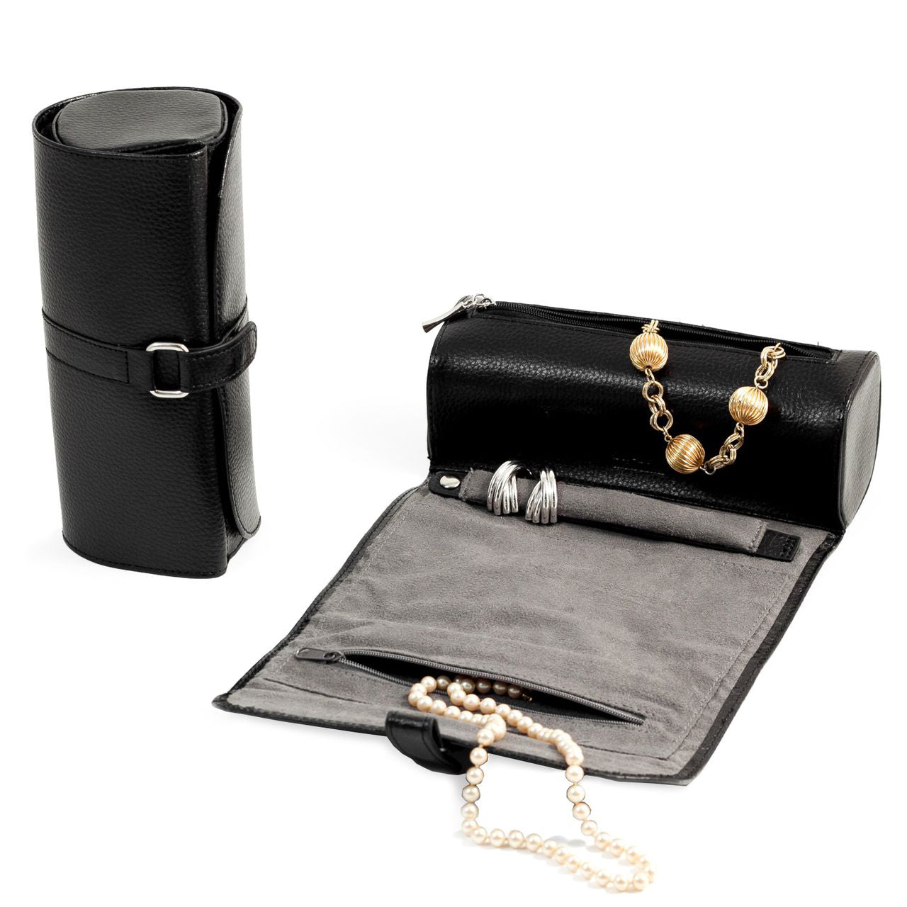 Black Split Grain Leather Magnetic Snap Jewelry Roll with Watch/Bracelet Pillow