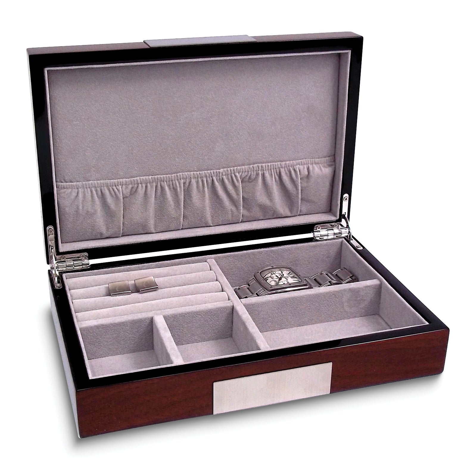 Lacquered Walnut Finish with Metal Accent Velour Lined Wooden Valet Jewelry Box