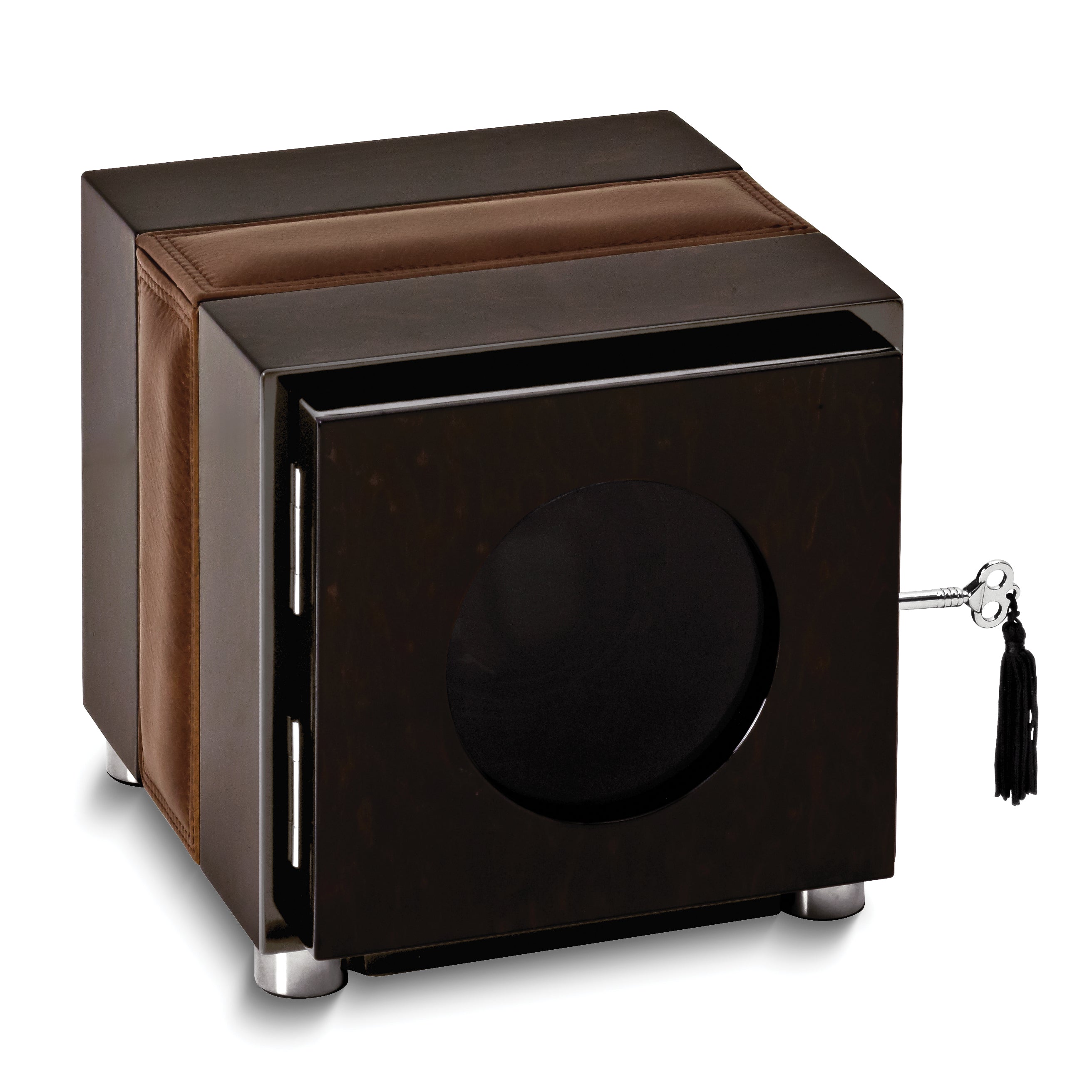 Rotations High Gloss Finish Wood and Leather Trimmed Locking Single Watch Winder (AC or Batteries)
