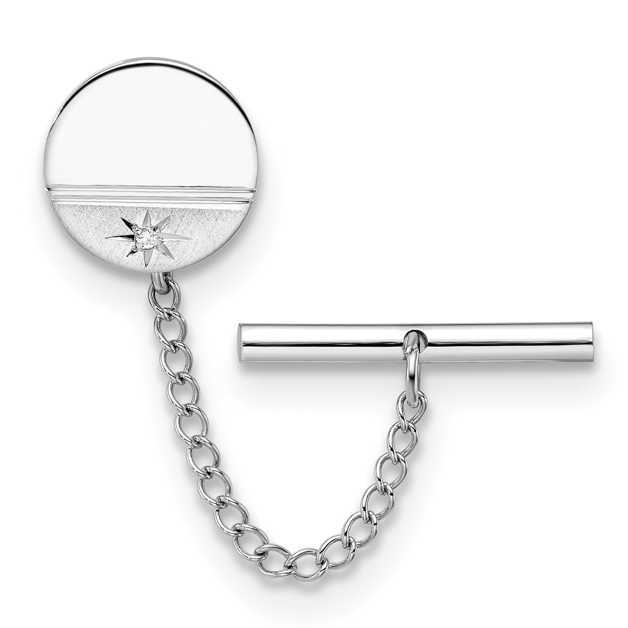Kelly Waters Rhodium-plated .01 Ct. Diamond Polished and Satin Round Tie Tac with Safety Chain