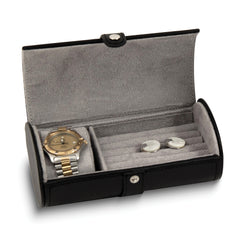 Black Leather Velour Lined Snap Closure Watch and Cuff Link Travel Case