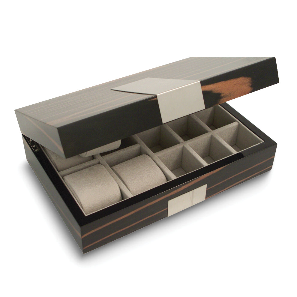 High Gloss Lacquered Ebony Burlwood Finish 4-Watch and Cuff Link Box