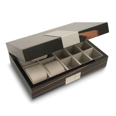High Gloss Lacquered Ebony Burlwood Finish 4-Watch and Cuff Link Box