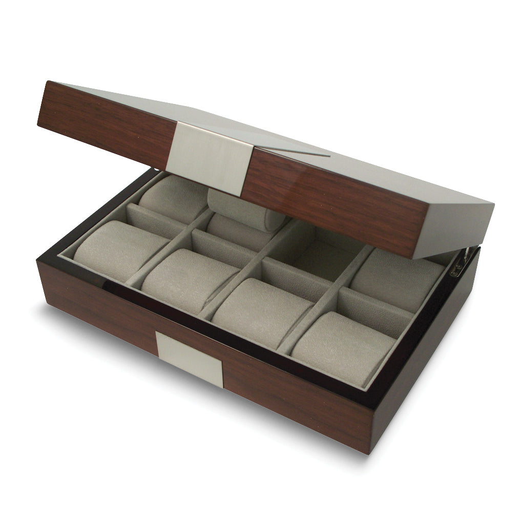 Walnut Wood with Silver-tone Metal Accents Faux Suede Lined 8-Watch Case