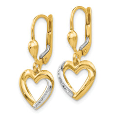 14K and Rhodium Textured and Polished Heart Leverback Earring