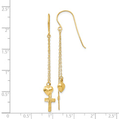 14K Ropa Chain Puffed Heart and Diamond Cut Cross Dangle Earrings