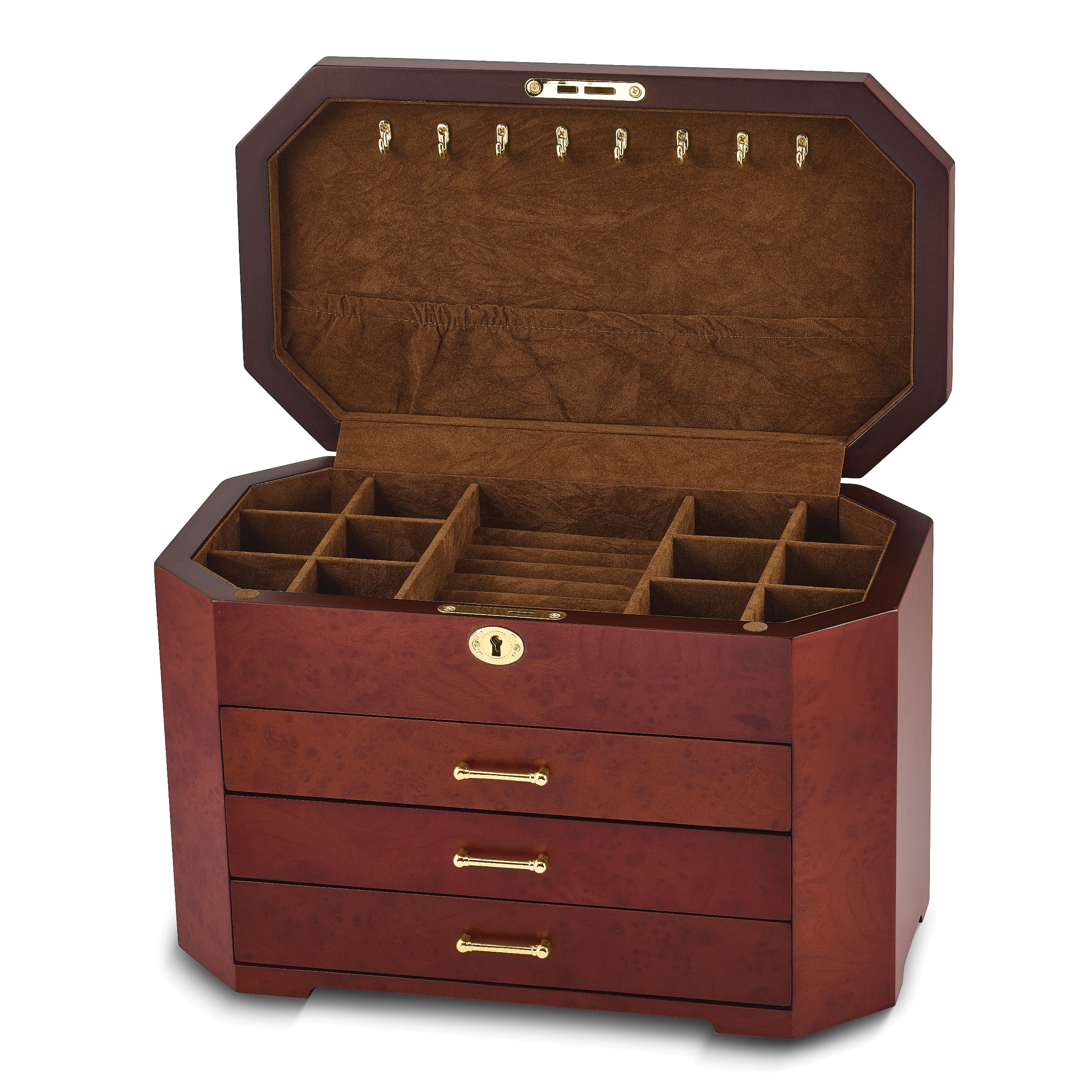 Luxury Giftware by Jere High Gloss Burlwood Veneer with Black Accents 3-drawer Locking Wooden Jewelry Box