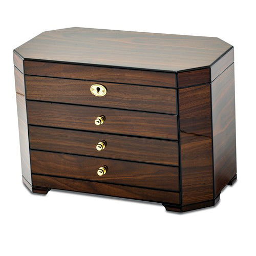 Luxury Giftware by Jere High Gloss Walnut Veneer with Black Accents 3-drawer Locking Wooden Jewelry Box